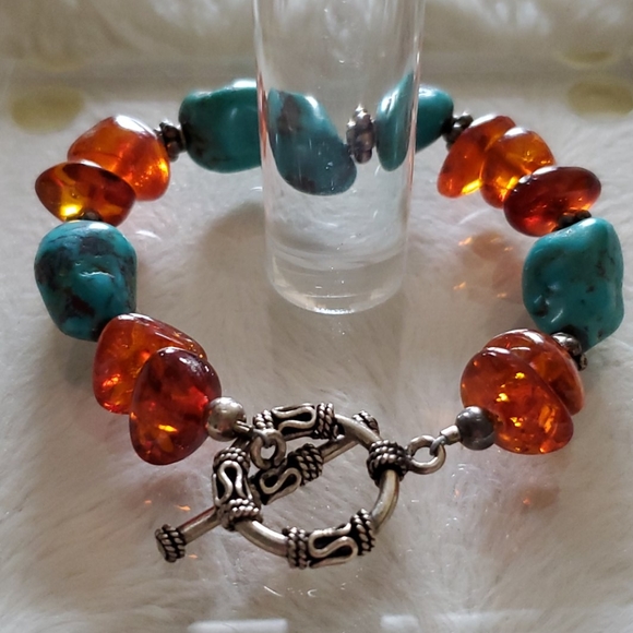 Amber and Turquoise Silver Bracelet - Picture 4 of 7